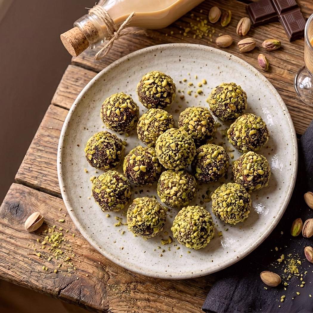 Nepečené guličky z datlí s likérom Baileys a drvenými pistáciami