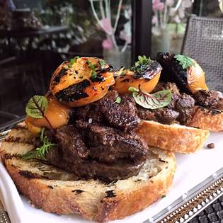 Recipe preview Toasts with Grilled Chicken Livers and Peach Agrodolce
