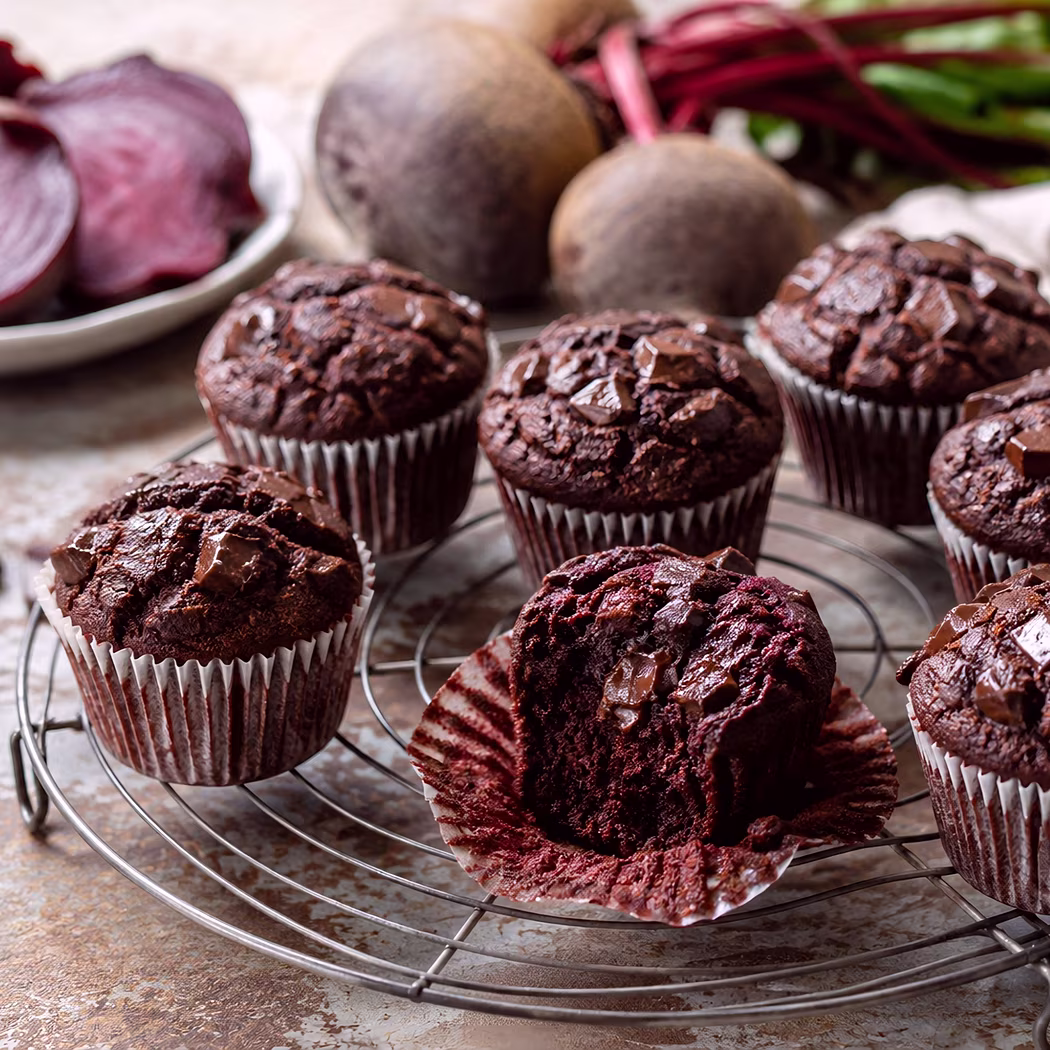 Extra vláčne čokoládové muffiny s červenou repou