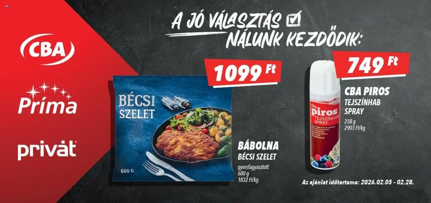 CBA Príma - Óriásplakátok - 2026.02.05. érvényes szórólap 3 oldal 4 oldalból