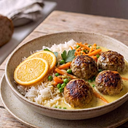 Náhľad receptu Mäsové guličky s kokosovou omáčkou podávané so zeleninou a ryžou