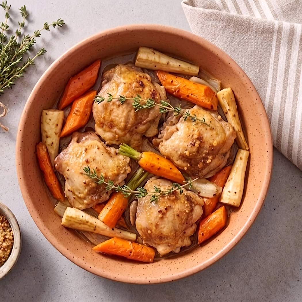 Šťavnaté kuracie stehná s horčicou a mrkvou