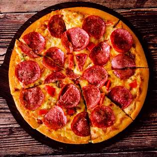 Recipe preview Rye Flour Pizza with Salami, Cheese, and Bell Pepper