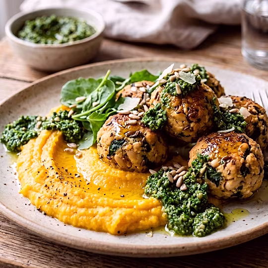 Náhľad receptu Fazuľové guličky s mrkvovou kašou a kelovým pestom