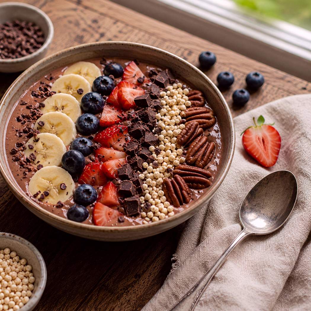 Kakaová smoothie bowl s ovocím a orechmi