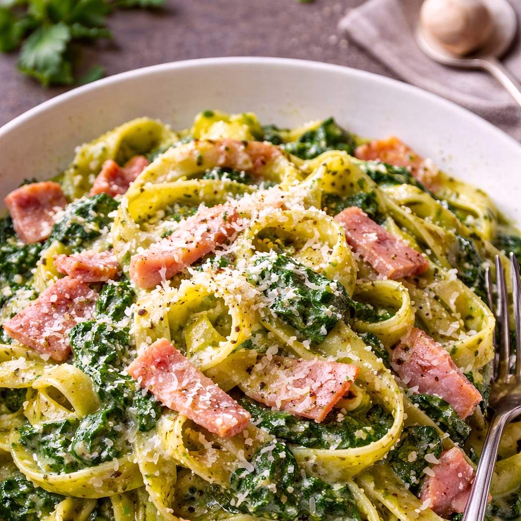 Tagliatelle s krémovým špenátom a šunkou