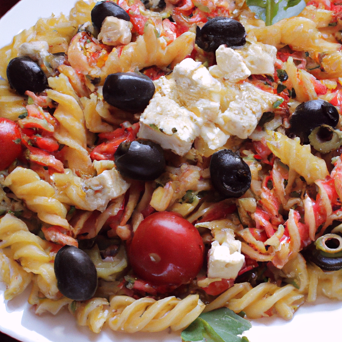 Insalata di pasta fredda con pomodori, olive e feta