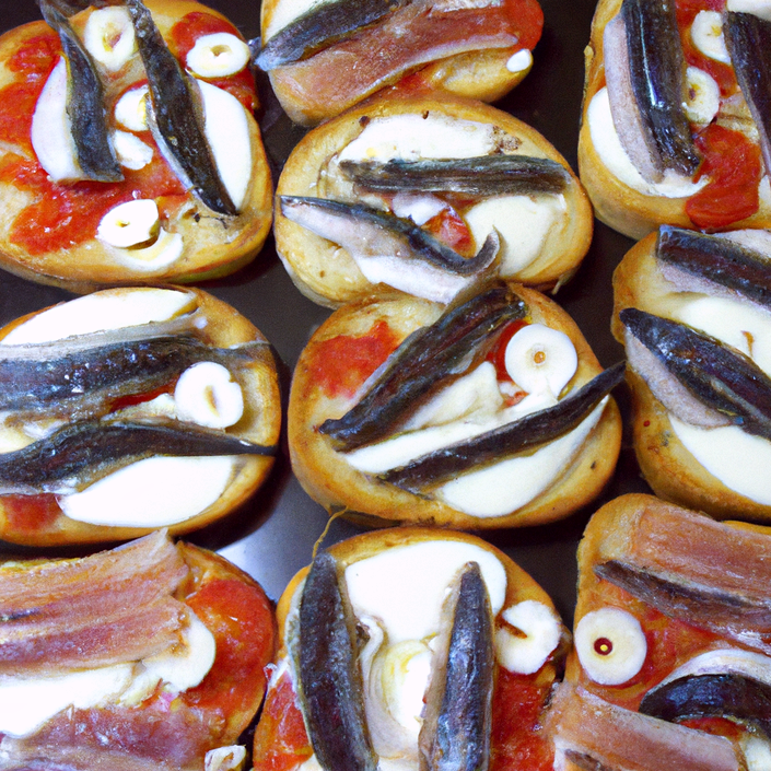 Crositinis de mozzarella, jamón, anchoas y ajo