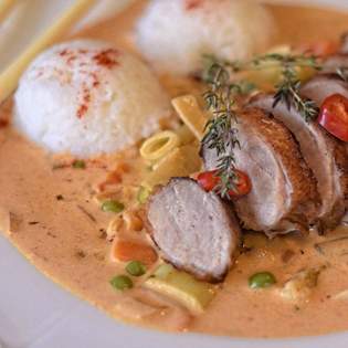 Entenbrust mit Orangensauce an Ofengemüse - Rezeptvorschau