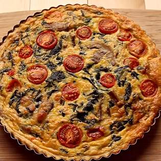 Recipe preview Vegetarian spinach quiche with mushrooms and cherry tomatoes recipe