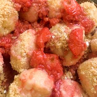 Recipe preview Curd Dumplings Filled with Strawberries and Raspberries with Roasted Breadcrumb Topping and Strawberry Espuma