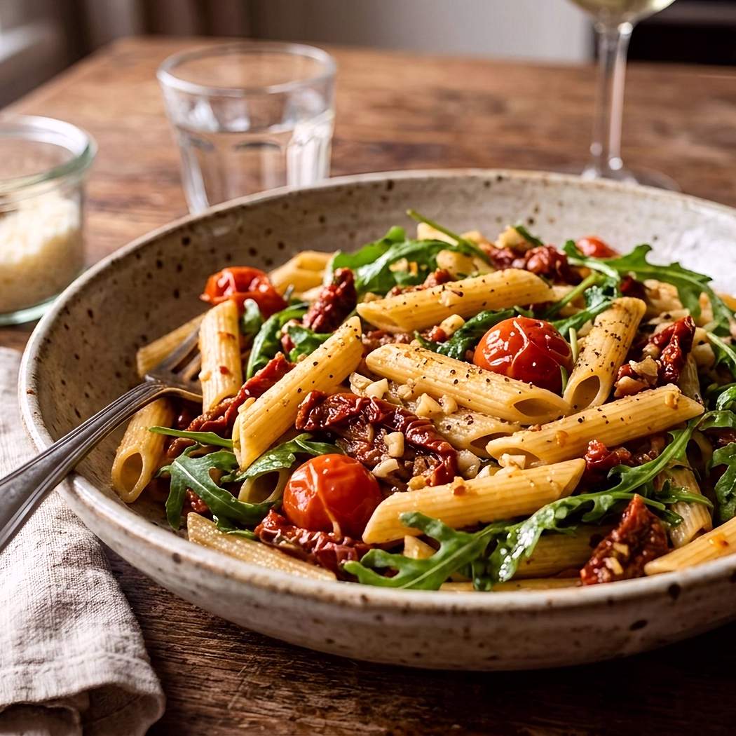 Penne so sušenými paradajkami, rukolou a cesnakom