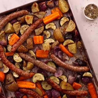 Recipe preview Easy homemade Chipolatas and roasted vegetables
