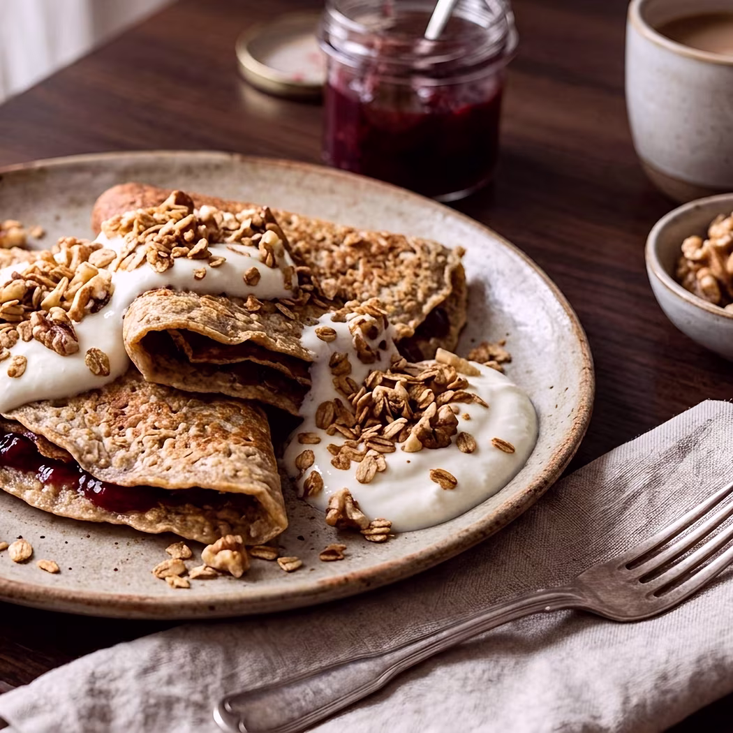 Palacinky z ovsených vločiek s tvarohom, višňovým džemom a chrumkavou granolou