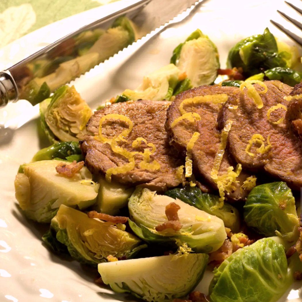 Filetto di maiale con verdure di cavolini di Bruxelles
