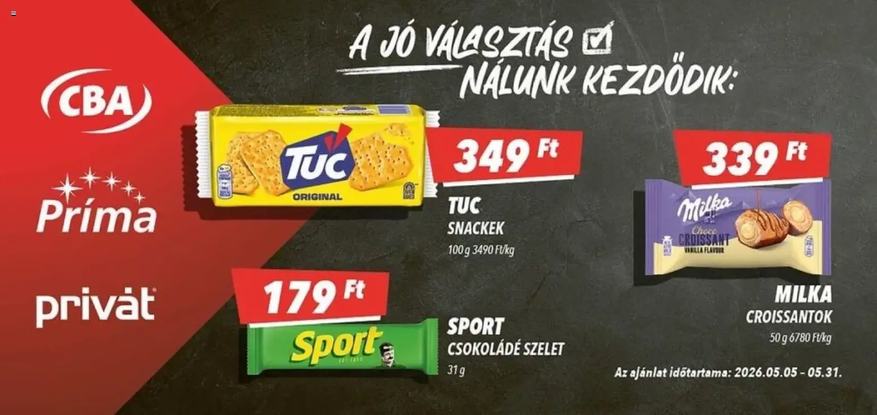 CBA Príma Óriásplakátok - 2026.05.05. érvényes szórólap 2 oldal 5 oldalból