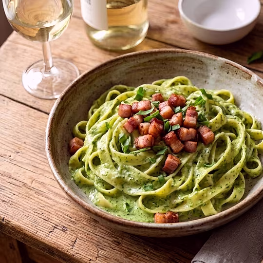 Náhľad receptu Tagliatelle s medvedím cesnakom, bryndzou a slaninou