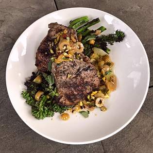 Recipe preview Grilled Lamb Chops with Broccolini and Olive-Pistachio Sauce