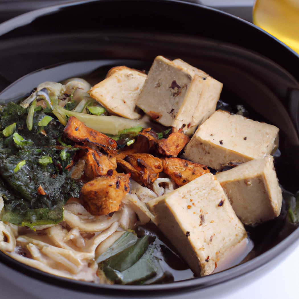 Ramen vegano con tofu affumicato e funghi