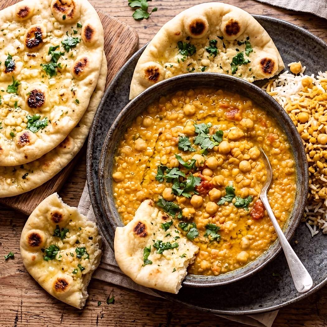 Krémový cícerový dhal s naan plackami