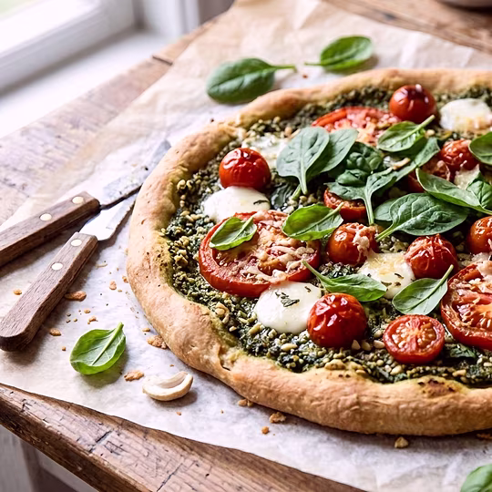Náhľad receptu Vege pizza so špenátovým kešu pestom a paradajkami