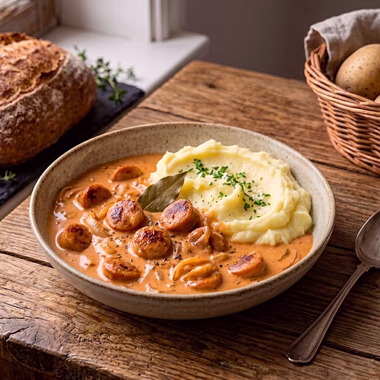 Náhľad receptu Nakkikastike – fínska párková omáčka so zemiakovou kašou