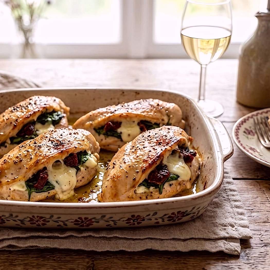 Zapečené kuracie prsia so sušenými paradajkami, špenátom a mozzarellou