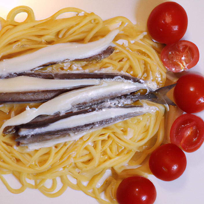 Pasta con anchoas, tomates cherry y queso